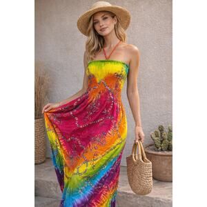 Rainbow Tie Dye Maxi Dress Strapless Smocked Embroidered Boho OSFM